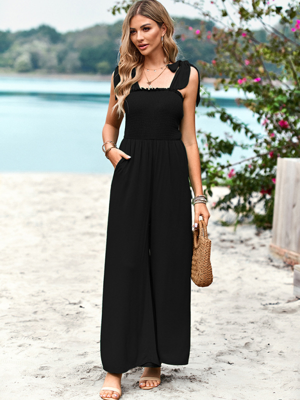 New temperament casual solid color high waist wrap chest suspender jumpsuit wide leg pants - Image 16