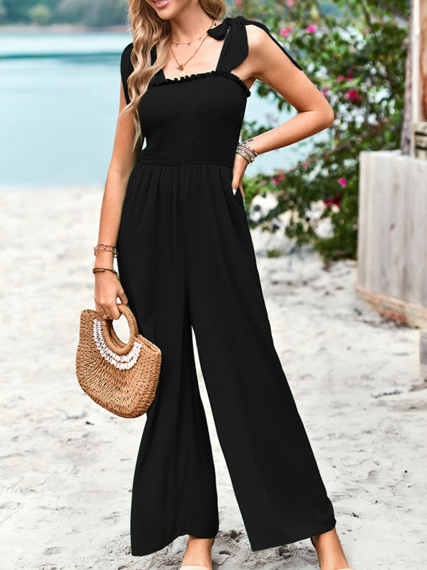 New temperament casual solid color high waist wrap chest suspender jumpsuit wide leg pants - Image 3