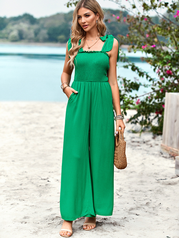 New temperament casual solid color high waist wrap chest suspender jumpsuit wide leg pants - Image 23