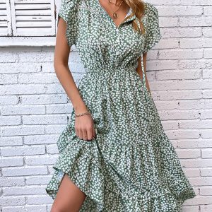 Women's Fashion Green Printed Dress