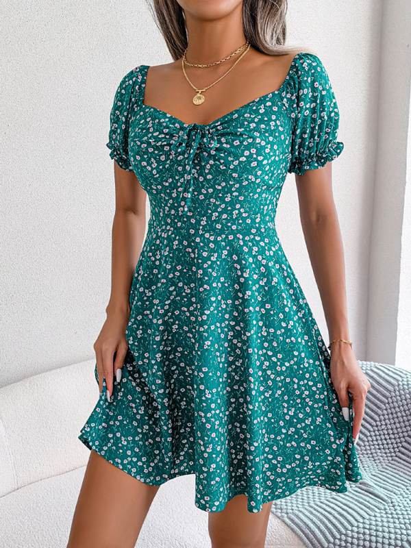 Casual Bell Sleeve Drawstring Tie Floral Swing Dress - Image 14
