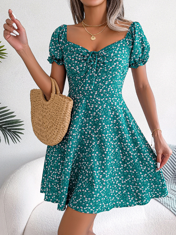 Casual Bell Sleeve Drawstring Tie Floral Swing Dress - Image 16