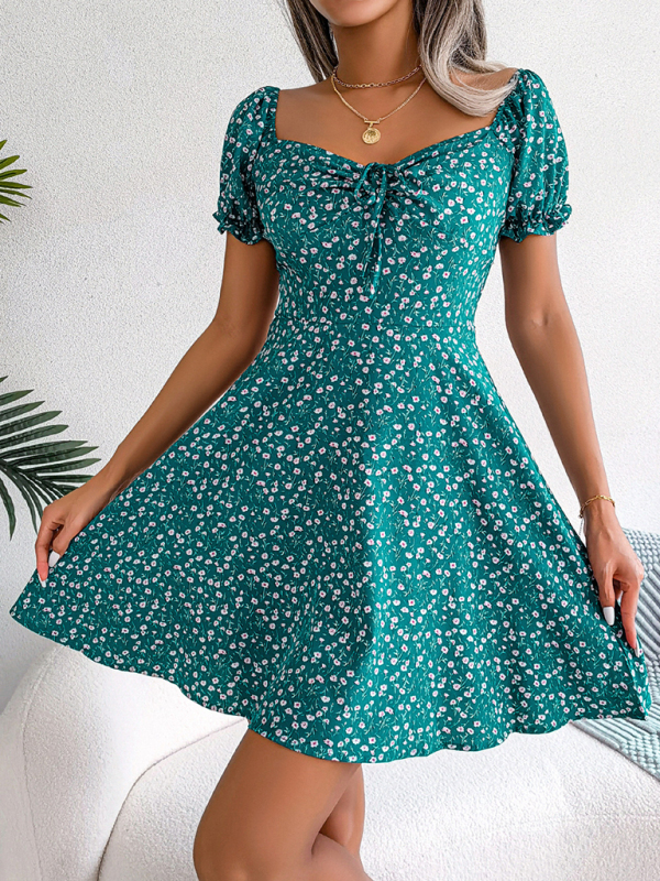Casual Bell Sleeve Drawstring Tie Floral Swing Dress - Image 3