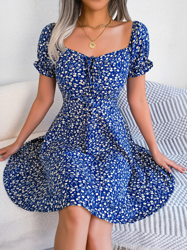 Casual Bell Sleeve Drawstring Tie Floral Swing Dress - Image 4