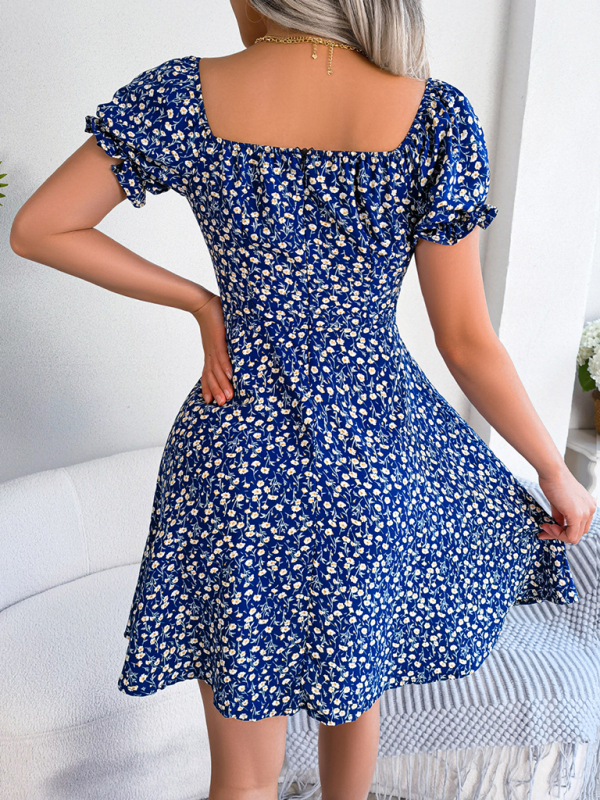 Casual Bell Sleeve Drawstring Tie Floral Swing Dress - Image 18