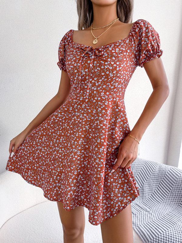 Casual Bell Sleeve Drawstring Tie Floral Swing Dress - Image 8