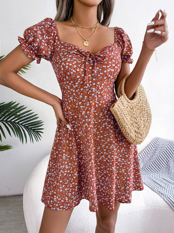 Casual Bell Sleeve Drawstring Tie Floral Swing Dress - Image 7