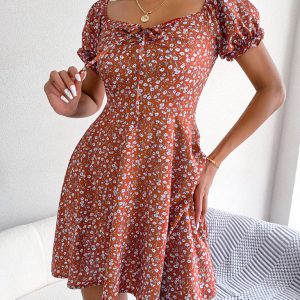 Casual Bell Sleeve Drawstring Tie Floral Swing Dress