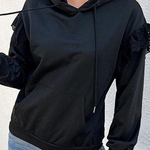 Casual Solid Polyester Lace Detail Hoodie