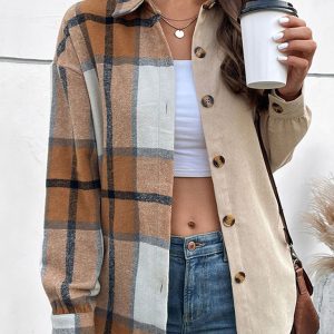 Women's autumn new long-sleeved plaid color block jacket