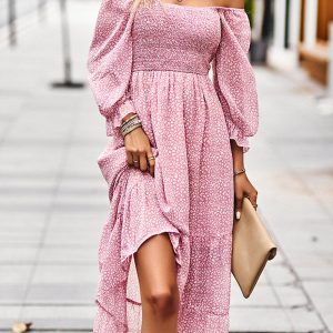 Bohemian Dress Feminine Square Neck Three Quarter Sleeve Maxi Dress