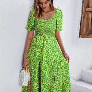 Women's Boho Print Round Neck Swing Skirt Dress