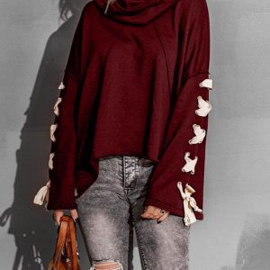 Women's autumn and winter cotton niche design bandage · Oversized hooded pile neck sweater