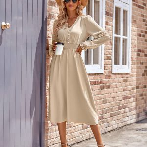 Women's V-neck waist solid color mid-length dress
