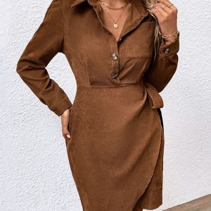New women's corduroy lapel long sleeve waist dress