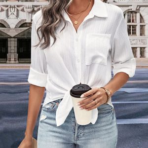 New women's solid color long-sleeved white shirt