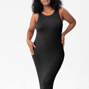 New fat mm round neck vest bottoming tight hip knit dress