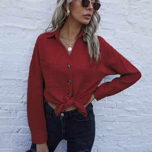 Fashion Ladies Long Sleeve Solid Color Lapel Mid Length Vintage Shirt