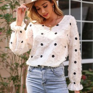 Women's Top Long Sleeve V Neck Polka Dot White Shirt