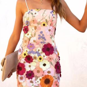 New women's three-dimensional flower embroidery suspender dress skirt