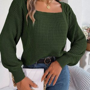 New Women's Solid Color Square Neck Twist Lantern Sleeves Knitted Pullover Sweater