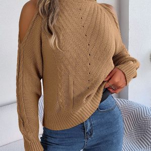New women's off-the-shoulder turtleneck hollow-out long-sleeved knitted pullover sweater