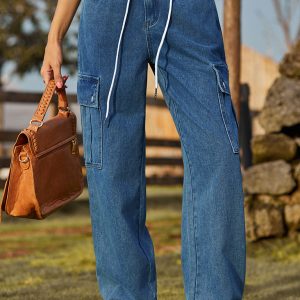 New style denim drawstring adjustable washable overalls trousers casual trousers