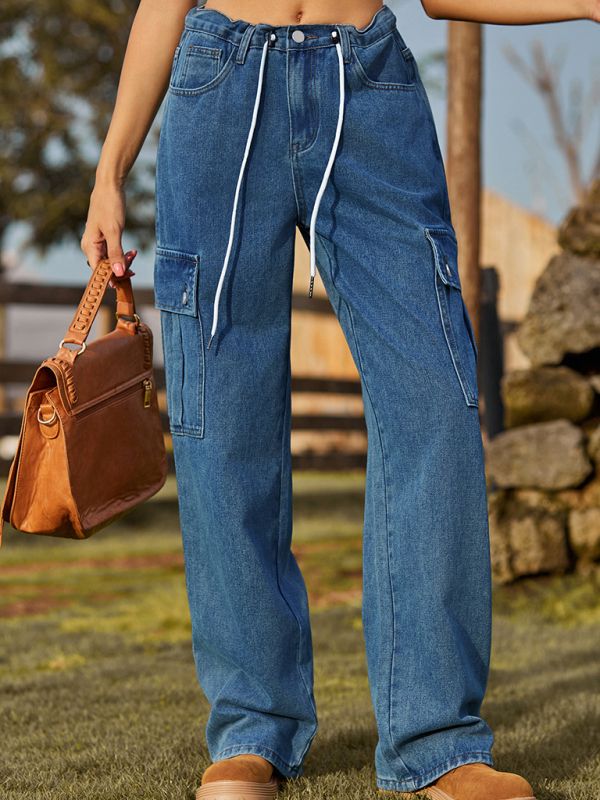 New style denim drawstring adjustable washable overalls trousers casual trousers