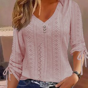 New Women's New Solid Color Jacquard Button Long Sleeve T-Shirt Top