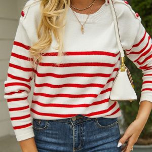Pullover Button Sweater Stripe Stitching Fashion Knitwear