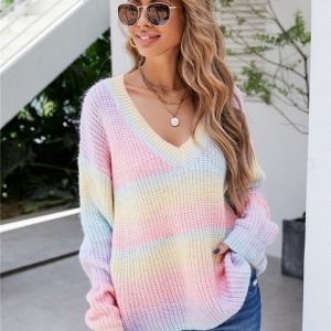 New Women's Rainbow Stitching Tie-Dye V-Neck Pullover Sweater