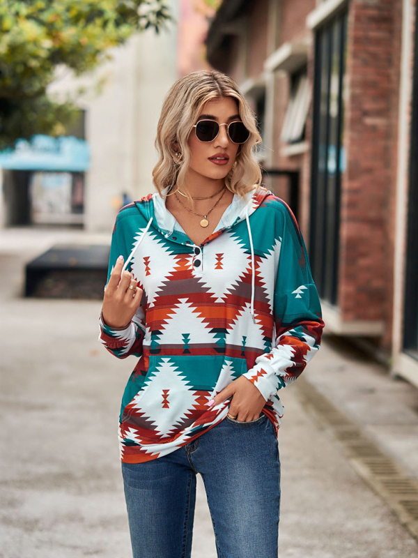 New geometric pattern long-sleeved loose hooded button pocket sweater - Image 4