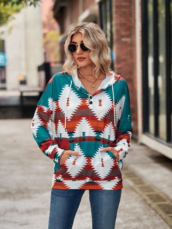 New geometric pattern long-sleeved loose hooded button pocket sweater - Image 5