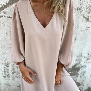 Casual loose V-neck solid color women's lantern sleeve dress