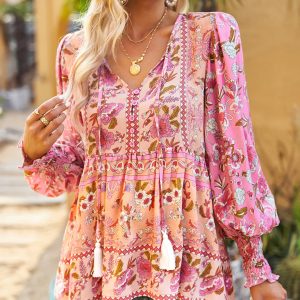 Bohemian casual style cotton printed long-sleeved shirt for women