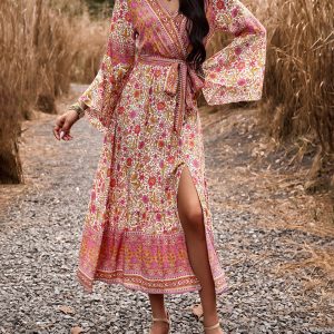 Elegant casual printed V-neck A-line dress