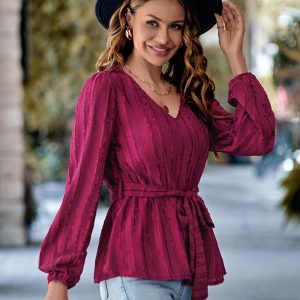Casual V-neck tied waist slim long sleeves
