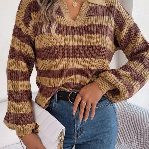 Casual Lapel Collar Contrast Stripe Long Sleeve Knit Pullover
