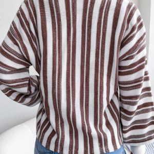 Casual Color Contrast Stripe Tie Lantern Sleeve Pullover Sweater
