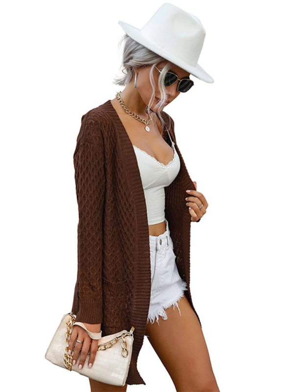 Fashionable women's solid color mid-length long-sleeved twist sweater cardigan - Image 2