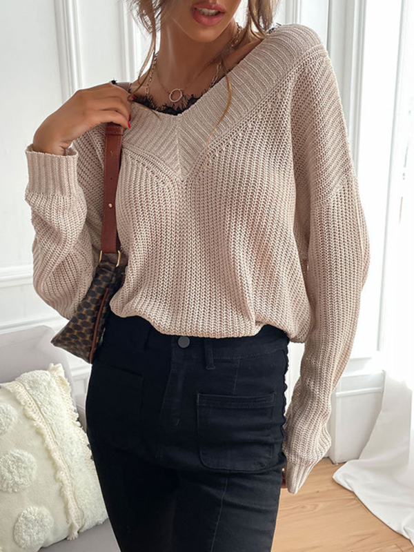 Women's patchwork lace pullover solid color knitted sweater - Image 9