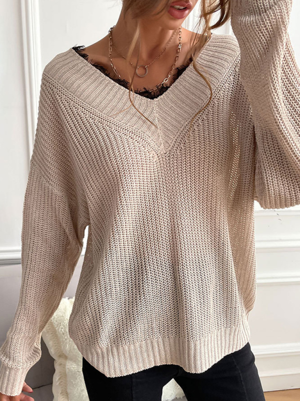 Women's patchwork lace pullover solid color knitted sweater - Image 8