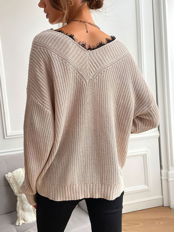 Women's patchwork lace pullover solid color knitted sweater - Image 7