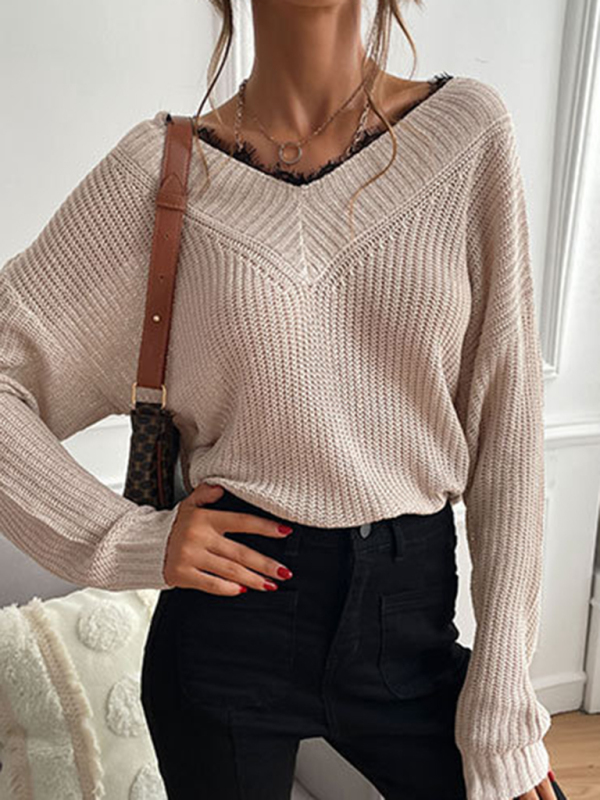 Women's patchwork lace pullover solid color knitted sweater - Image 6