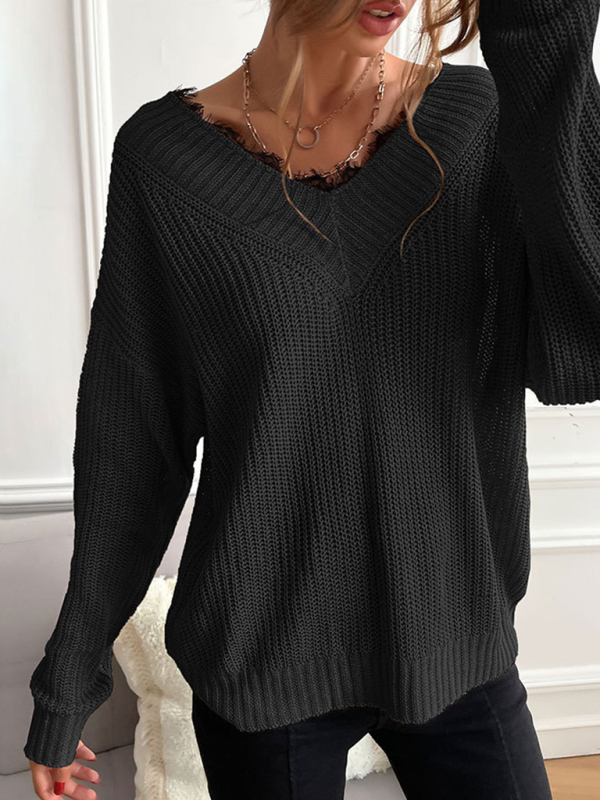 Women's patchwork lace pullover solid color knitted sweater - Image 21