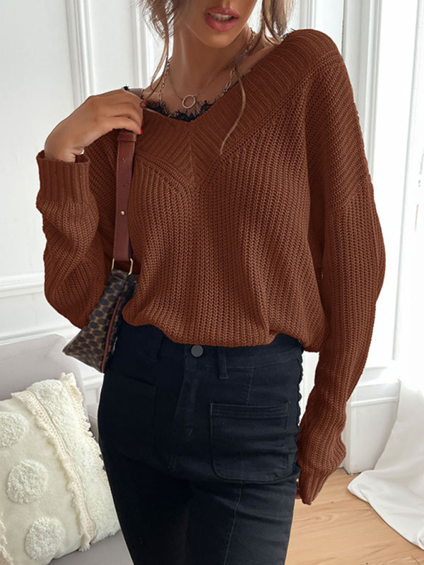 Women's patchwork lace pullover solid color knitted sweater - Image 24