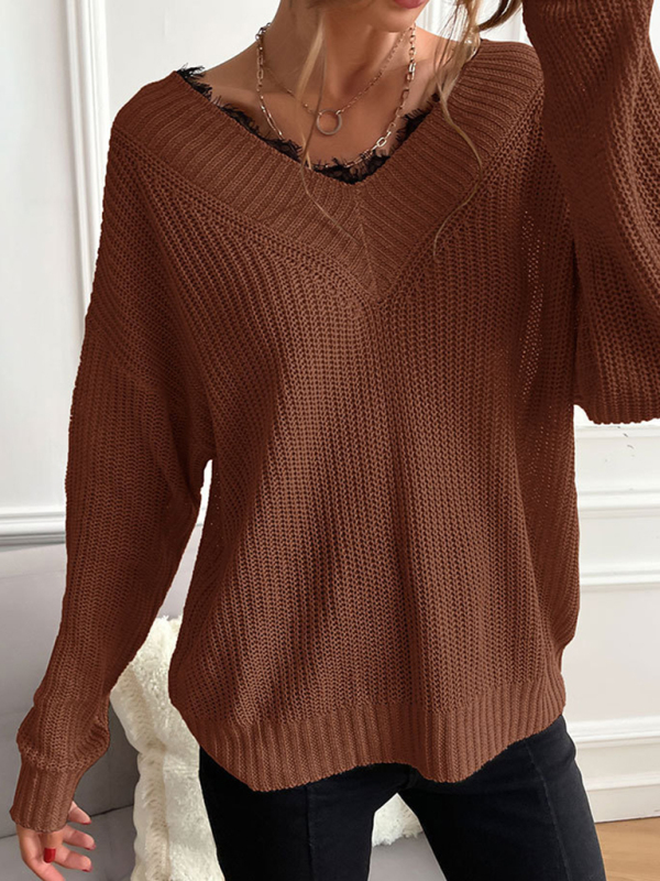 Women's patchwork lace pullover solid color knitted sweater - Image 22