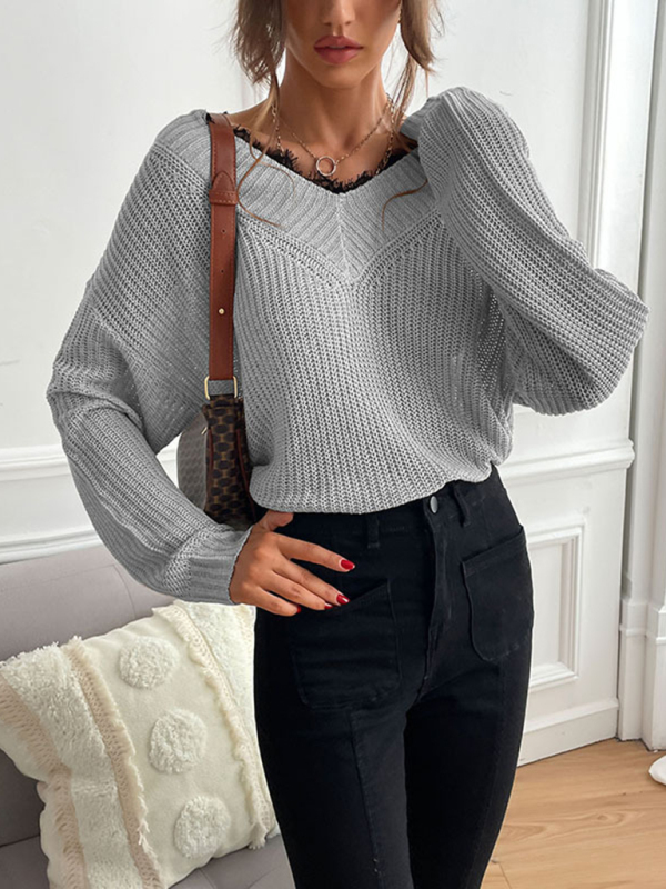 Women's patchwork lace pullover solid color knitted sweater - Image 10