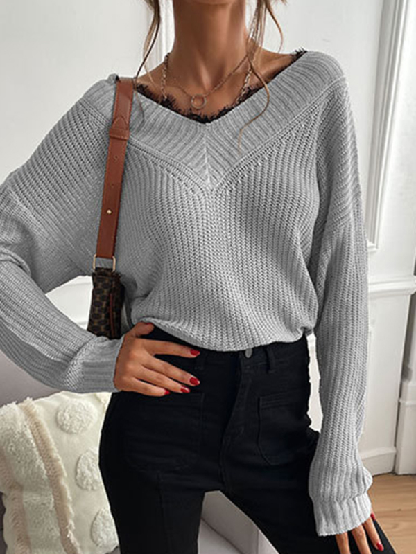 Women's patchwork lace pullover solid color knitted sweater - Image 13