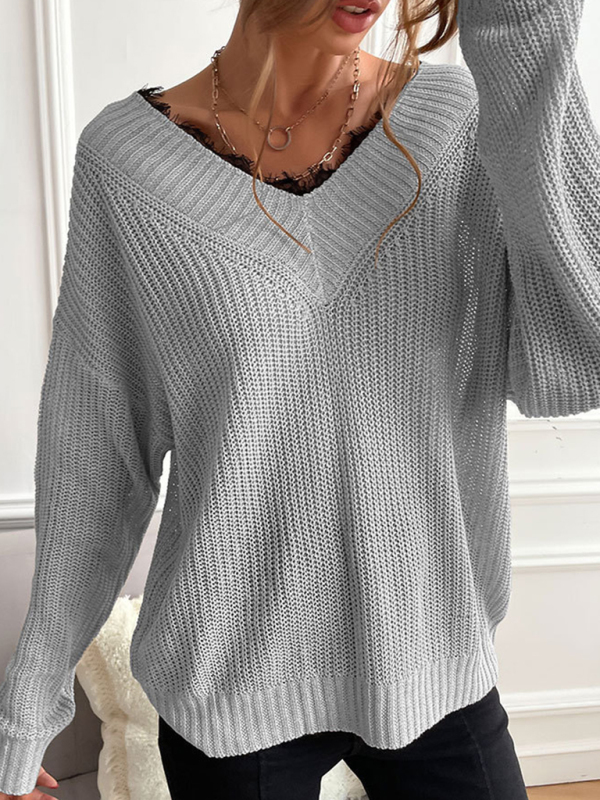 Women's patchwork lace pullover solid color knitted sweater - Image 12